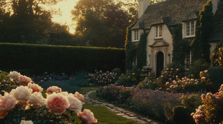 A charming garden featuring blooming flowers in front of a cozy cottage during sunset. This picturesque scene captures tranquility and natural beauty.の素材