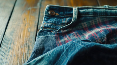A detailed close-up of denim fabric draped over a rustic wooden surface, showcasing texture and color in a casual and stylish manner.の素材