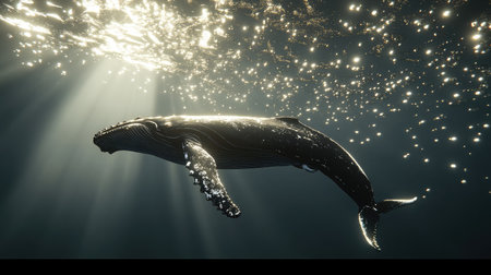 A captivating image of a whale gliding through sunlit waters, capturing the beauty and grace of marine life in an underwater setting.の素材