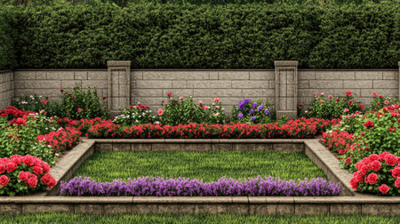 A picturesque floral garden showcasing vibrant blossoms surrounded by lush greenery, featuring stone edging and neatly arranged flower beds for a serene outdoor experience.の素材