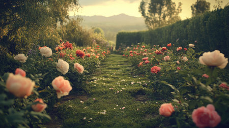 A picturesque garden pathway lined with blooming roses, showcasing a vibrant array of colors. The serene atmosphere invites exploration and relaxation in nature.の素材