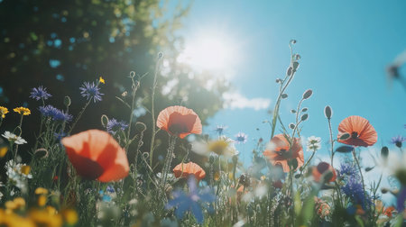 A stunning view of vibrant wildflowers swaying under a bright sun, showcasing the beauty of a serene outdoor landscape filled with colors and life.の素材