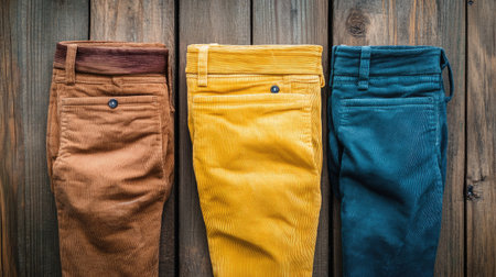 This image showcases three colorful corduroy pants in vibrant colors laid out on a wooden surface, perfect for fashion and lifestyle concepts.の素材
