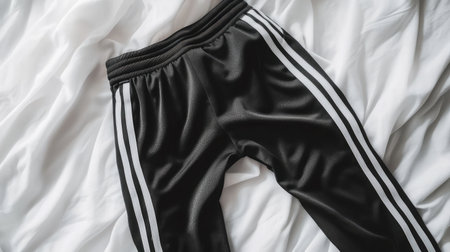 A pair of black athletic pants with white side stripes laid on a soft white fabric backdrop. Perfect for showcasing sportswear or casual fashion themes.の素材