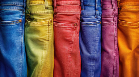 A vibrant arrangement of colorful denim pants showcasing a spectrum of hues, perfect for fashion enthusiasts seeking inspiration in casual wear.の素材