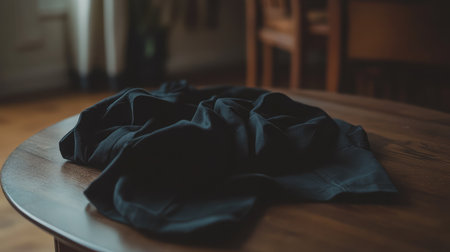 A black fabric draped elegantly on a wooden table, showcasing its soft texture. The warm lighting creates a cozy atmosphere perfect for stylish interior decor.の素材