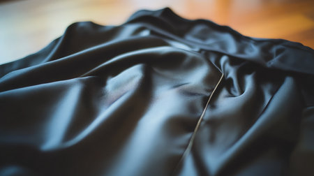 A closeup of elegant black fabric draped gracefully, highlighting its smooth texture and luxurious appearance, perfect for fashion and design use.の素材