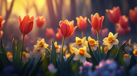 A serene spring scene featuring vibrant tulips and bright daffodils in full bloom. This picturesque image captures the essence of nature's beauty.の素材