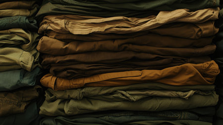 A close-up view of neatly stacked casual clothing in earthy tones, showcasing various textures and folds, perfect for fashion and textile concepts.の素材