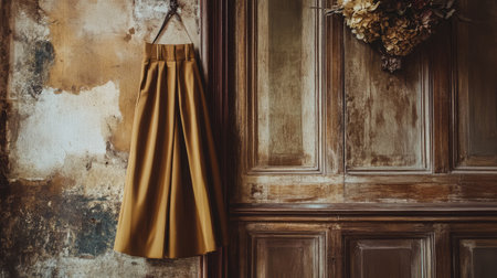 A stylish yellow skirt elegantly drapes on a wooden hanger against a vintage wall, showcasing artistry and fashion in a rustic setting.の素材