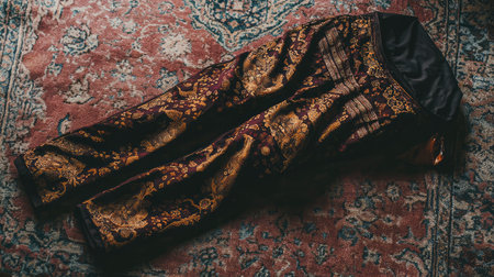 This image showcases an elegant fabric with intricate patterns laid on a vintage rug. It highlights luxurious textures and vivid colors, emphasizing artistic design.の素材