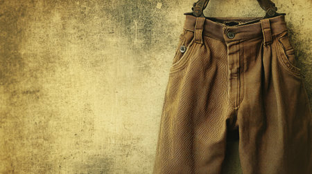 A pair of vintage brown pants hangs against a textured wall, creating a rustic and nostalgic atmosphere. Ideal for retro fashion and design projects.の素材