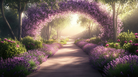 A picturesque lavender pathway meanders through a beautiful garden, framed by blooming flowers and trees, creating a serene and inviting atmosphere.の素材