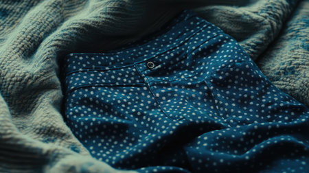 Close-up view of polka dot pants resting on a soft, cozy blanket, showcasing texture and pattern. Ideal for illustrating comfortable, casual clothing themes.の素材