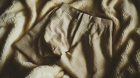A pair of casual checkered shorts laid on a soft, cozy background, highlighting the texture and pattern, perfect for fashion and lifestyle themes.の素材