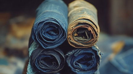 Aesthetic display of rolled denim fabrics showcasing a tactile quality and vivid blue hues, perfect for design projects and fashion inspiration.の素材