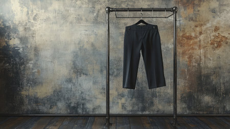 A stylish pair of black pants hangs on a pipe rack against a textured wall, perfect for showcasing fashion and apparel in a modern setting.の素材