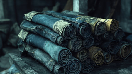 A collection of neatly stacked denim fabric rolls in a workshop. This image captures the rich textures and colors of quality textiles, perfect for fashion and design projects.の素材