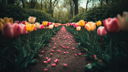 A vibrant pathway lined with colorful tulips in a serene garden setting. The scene captures the beauty of spring with petals strewn along the path.の素材