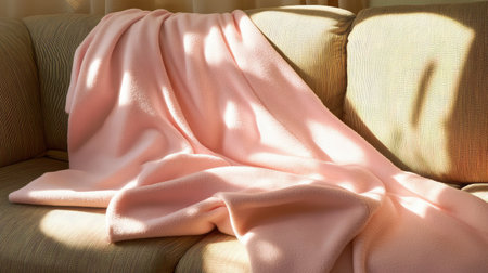 A soft pink blanket drapes elegantly over a cozy couch, illuminated by gentle sunlight. This image captures warmth and comfort in a relaxed home setting.の素材