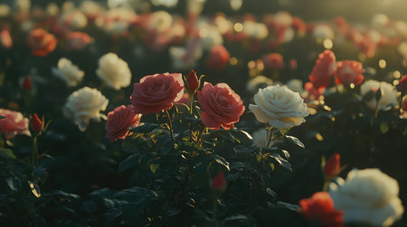 A stunning display of blooming roses in various colors, illuminated by soft sunlight, creating a serene and romantic atmosphere in a beautiful garden setting.の素材