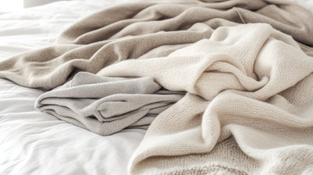 A cozy arrangement of soft textiles on a bed, showcasing neutral tones and inviting textures that evoke comfort and relaxation in any bedroom setting.の素材