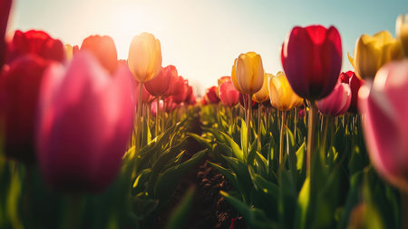 A stunning view of a vibrant tulip field bathed in sunrise light, showcasing a beautiful array of colors and blossoms. Perfect for spring-themed imagery.の素材