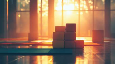 A tranquil yoga studio bathed in morning sunlight, featuring stacked blocks on a wooden floor. Ideal for wellness themes, relaxation, and mindfulness.の素材