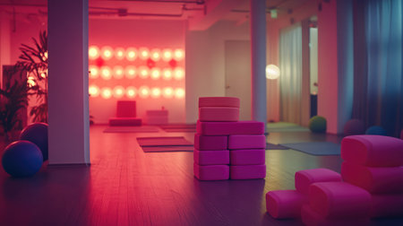 A vibrant yoga studio featuring colorful props and mood lighting, creating a serene atmosphere perfect for relaxation, meditation, and fitness sessions.の素材