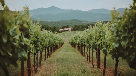 A picturesque view of vibrant vineyards stretching towards distant mountains. Capturing the essence of rural tranquility and natural beauty, this image invites exploration and appreciation.の素材