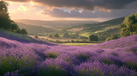 A breathtaking view of vibrant lavender fields under a dramatic sky. Lush purple blooms stretch across the landscape, creating a tranquil and serene atmosphere. Perfect for nature lovers.の素材