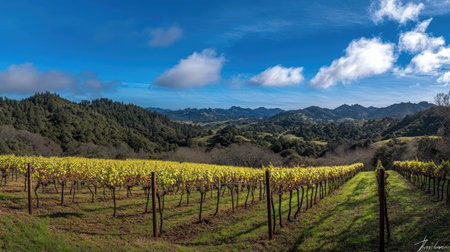 Explore a beautiful vineyard landscape showcasing rolling hills and vibrant green grapevines under a clear blue sky. A serene rural setting awaits.の素材