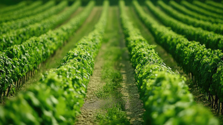 A beautiful view of lush green vineyard rows, showcasing vibrant plants thriving under sunlight. This serene landscape highlights agricultural beauty and growth.の素材