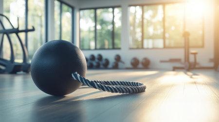 A close-up of training equipment in a bright gym, showcasing a ball attached to a rope. The setup reflects a focus on fitness and physical wellness in a modern setting.の素材