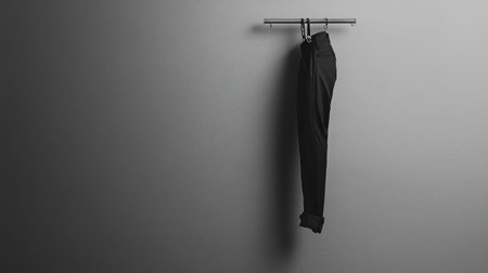 A sleek pair of black pants hangs from a minimalist display rack against a textured gray wall, embodying modern fashion and elegance. Perfect for style inspiration.の素材