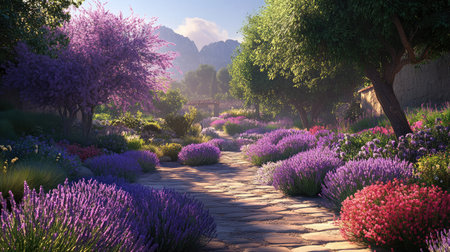 A serene garden pathway adorned with colorful flowers, including vibrant lavender, invites tranquility and relaxation amidst a stunning natural landscape.の素材