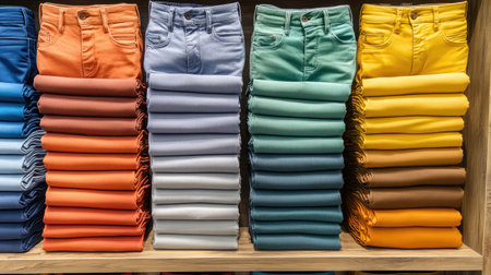 This image showcases neatly organized stacks of colorful jeans in a retail environment, highlighting a vibrant array of colors for seasonal fashion trends.の素材