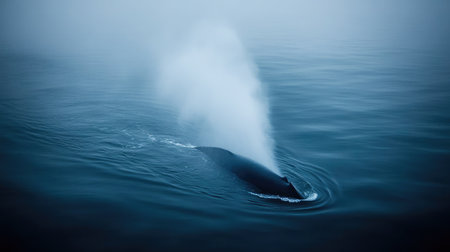 A majestic whale breaches the surface in tranquil, misty waters, creating a serene moment in nature. Ideal for marine wildlife and ocean photography themes.の素材