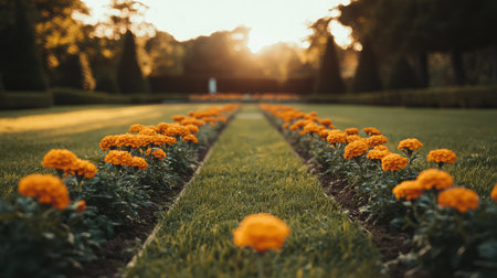 A stunning view of blooming marigold flowers in a lush garden at sunset, showcasing vibrant colors against a serene backdrop, perfect for nature lovers.の素材