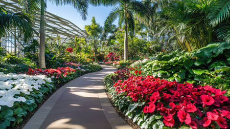 Explore a vibrant pathway surrounded by colorful flowers and lush greenery in a tropical garden. This serene landscape invites peaceful strolls and nature appreciation.の素材