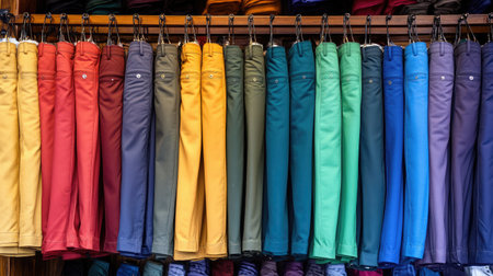 A vibrant display of colorful pants arranged neatly in a retail store. This image showcases a variety of styles, perfect for fashion and clothing enthusiasts.の素材