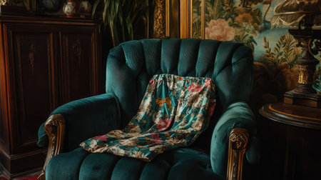 A vintage velvet armchair adorned with a floral patterned cloth, set against an ornate backdrop. This cozy and inviting space showcases elegance and nostalgia.の素材