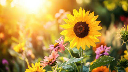 A vibrant sunflower stands tall among colorful blooms, illuminated by golden sunlight at sunset. This image captures the essence of summer beauty in nature.の素材