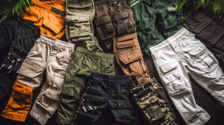 A vibrant collection of casual cargo pants in various colors and styles laid out in an artistic flatlay. Perfect for fashion enthusiasts or retailers.の素材