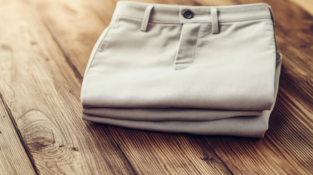 A pair of folded light beige pants sits neatly on a wooden surface, showcasing a casual and modern style perfect for various outfits and occasions.の素材