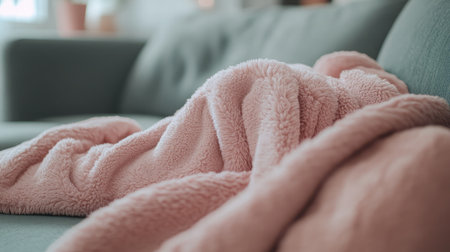 A cozy pink blanket draped on a soft couch, inviting warmth and comfort. Ideal for enhancing a tranquil living room setting or relaxation space.の素材