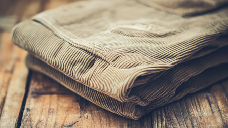 A close-up view of folded corduroy pants resting on a rustic wooden table, showcasing the soft texture and warm tones, perfect for fashion and lifestyle imagery.の素材