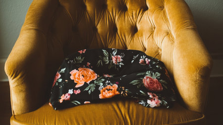 A vintage armchair adorned with a colorful floral blanket, creating a cozy and inviting atmosphere, perfect for home decor or interior design projects.の素材