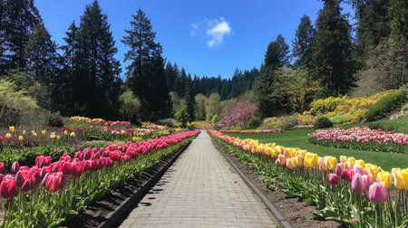 A beautiful path lined with vibrant tulips in a scenic garden setting. Lush greenery and a blue sky enhance this tranquil outdoor view, perfect for nature lovers.の素材
