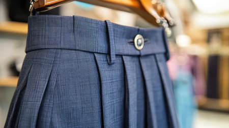 Close-up of an elegant pleated skirt displayed on a hanger in a boutique. This stylish piece highlights quality fabric and trendy design details, perfect for any outfit.の素材